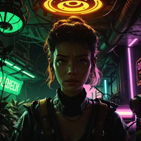 upper body portrait of 20-yo women in Post-apocalyptic cyberpunk setting with overgrown tropical floral Wasteland nature in an abandonned neon city galactic jungle with a tropical mad max 80s retro arcade vibe to it. A detailed close-up of a scary Call of ...