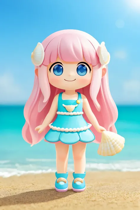 Photoreal、whole body、chibi girl、Seashell Accessories、smile、cute shoes、Picking up shells