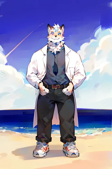 有一个男人standing on the beach，There is a cat on the chest, Vixen in lab coat, furry anime, !!full body portrait!!, full body portrait, full body portrait of a short!, Single character full body, wearing a lab coat, standing on the beach, beast in fashionable ...