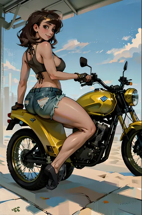 masterpiece, (masterpiece, top quality, best quality),1girl, solo, smile, , looking at viewer, motorcycle in the background, gas station in the desert, thin lips, from behind, ((woman from Texas))  long curly hair, fingerless gloves,  (bikini top and Jean ...