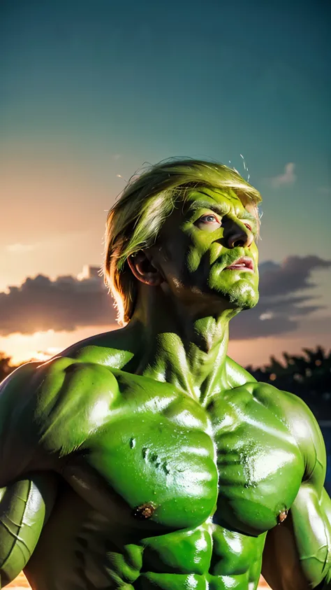 Muscular Donald Trump, green skin Donald Trump, painted in center, crowd in background, high quality, muscular body, upper body wearing nothing, Hogwarts in background, painted in center, crowd in background, high quality, high definition, sunset sky, spee...