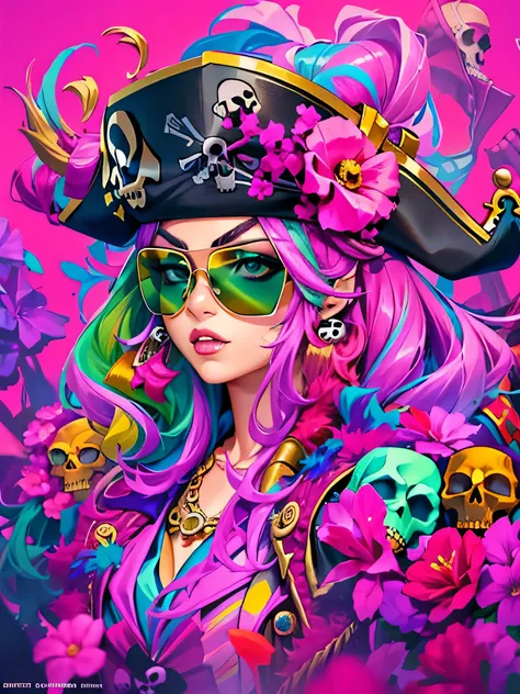 official art，unity 8k wallpaper，Super detailed，Works by stars of the beauty and esthetics industry，highest quality，（and colorful graffiti walls），1 girl，pink hair，green eyes，very detailed，dynamic angle，Pirate Shots，the most beautiful form of chaos，elegant，b...