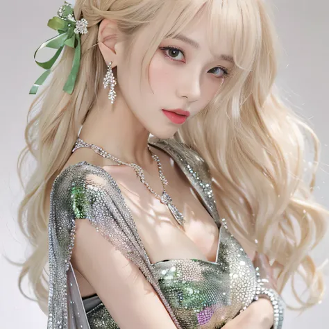 8k）、（best image quality:1.5）、gray background、close up of face、１girl、masterpiece、delicate and sharp eyes、brown eyes、eye power、delicate face、cup、attractive face、platinum blonde hair、Semi-long wave、Green Wedding Dresses、Green Wedding Dresses、I can see the col...