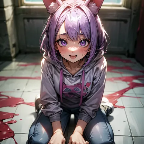 ((Masterpiece)), (Anime:1.3), (High Definition:1.3), (Professional Photography:1.2), 8K, from above, wide shot, Textured skin, cinematic lighting,（messy medium bob), (purple color hair), (put on Black bunny ears), Pretty oversized pink hoodie, bloody, Tatt...