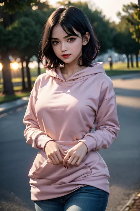 Beautiful teen, gothic, pale white skin, short hair, bangs, (((short and wavy dark black hair, red hightlights))), (((light violet detailed eyes))), eyeliner, double eyelid, long eyelashes, thick black eyebrows, (((tiny small nose))), (((big plump lips))),...