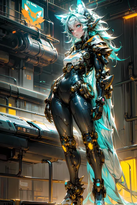 sci-fi fox girl,fox girl,metallic feel,shining silver armor,glowing neon lights,science fiction theme,Colorful futuristic background,masterpiece:1.2,Super detailed,actual:1.37,portrait,Cool blue tones,stunning lighting,whole body,Perfect body