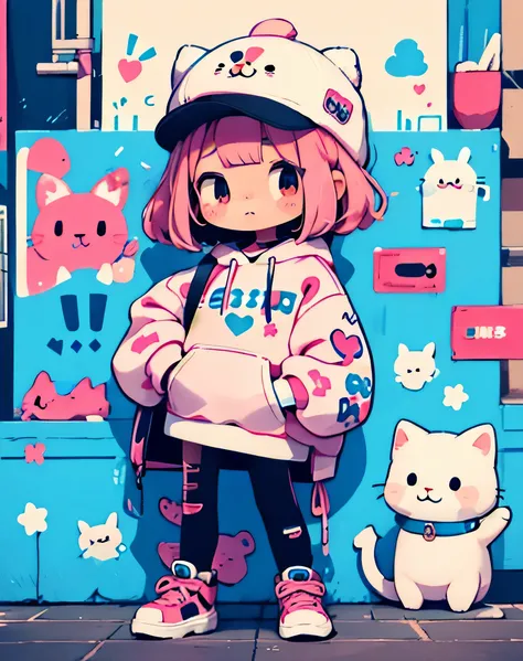 (((cute design)))、masterpiece,1 girl,alone,(((cutest girl ever)))、bob hair,pink hair,Fashionable hoodies,mob cap, street,put your hands on your hips, put one&#39;Hand in hand&#39;pocket of,