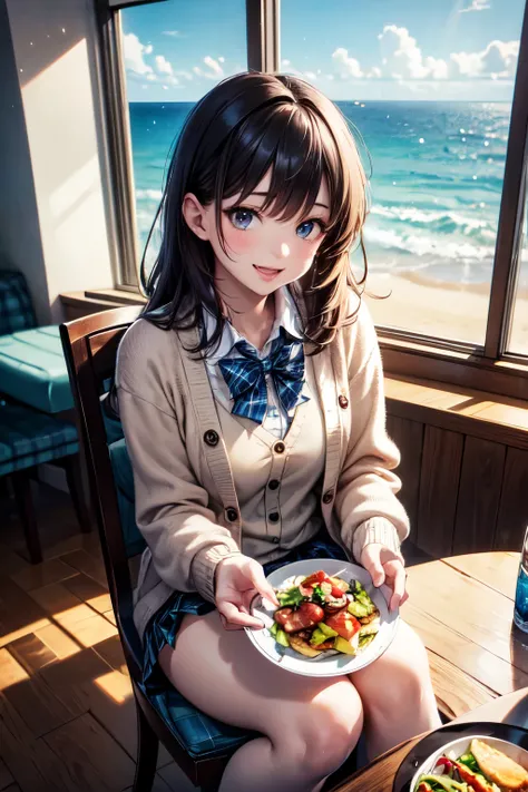 very cute and beautiful girl sitting on chair of cafe,(highly detailed beautiful face), white blouse,laugh,happy,(beige cardigan:1.2) BREAK zettai ryouiki,black hair, (blue plaid mini skirt:1.2),(cups of tea),(sandwiches on plate),(salad in bowl),window,oc...