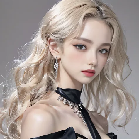 8k）、（best image quality:1.5）、gray background、close up of face、１girl、masterpiece、delicate and sharp eyes、brown eyes、eye power、delicate face、cup、attractive face、platinum blonde hair、Semi-long wave、black wedding dress、black wedding dress、I can see the collarb...