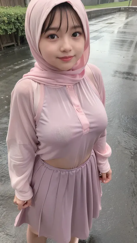 adorable, 1 girl, 10 years old, baby face, smile shy, full body portrait, (face details: 1), (eye details: 1), ((medium breasts)). wearing pinky long shirt, long skirt, modern hijab colorful, (large breasts)... Rain, ((wet)), shirt wet, Cute posed. proport...