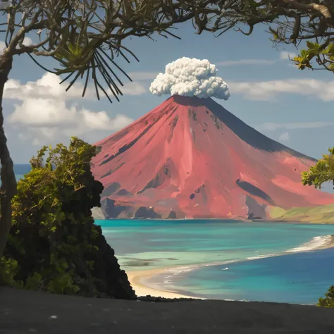 Seashore in the foreground, sea in the background, volcanic island in the background, summer, midday