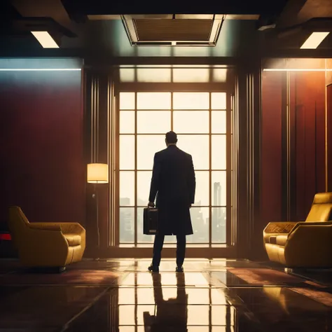 arafed image of a man in a suit and tie standing in a cyberpunk lobby, in roger deakins style, cinematic lighting + masterpiece, rich cinematic atmosphere, inspired by roger deakins, cinematic. art deco, cinematic beeple, blade runner apartment, 8 k movie ...