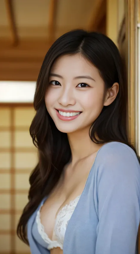 masterpiece,best quality,(Japanese ),((Beautiful girl)),cleavage,indoor,(perfect body beauty:1.2),(shy smile),beautiful teeth,