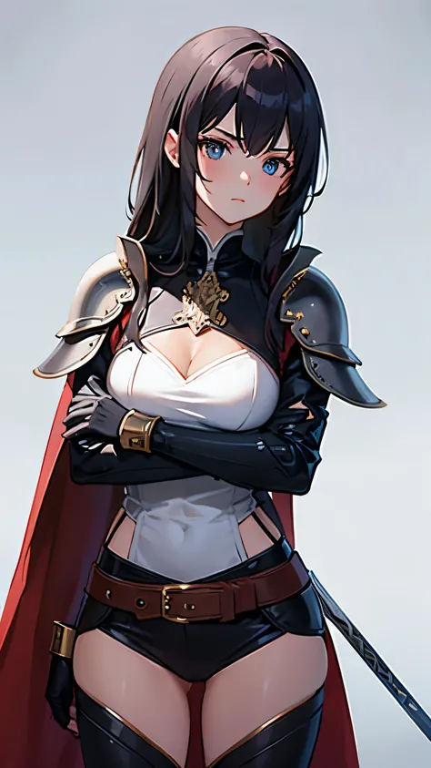 1 girl, Holding a machete, medieval vest armor, cape, Medieval armor leggings, Neck armor piece covering the mouth, bare shoulders, Show thighs, a serious face, Keep an eye on the users themselves