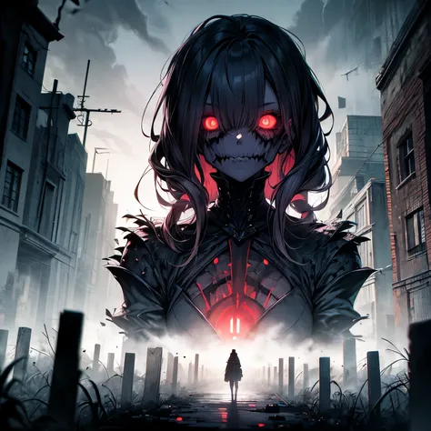 anime woman, 1 woman, arafed image of a woman на кладбище with a red light, eerie and grim art style, in a creepy cemetery, stands with his back, creepy art style, made up of nightmares, dark illustration, Grey colors,dark fantasy,an ominous fantasy illust...