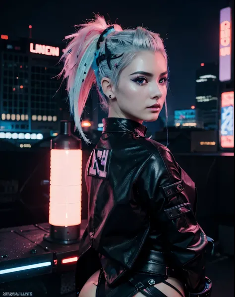 cyber punk digital art of a neon lit city with a samurai figure highlighting the contrast between traditional and futuristic 4k highly detailed digital art, 8k stunning artwork, beautiful and gorgeous woman, dominating face, mohawk haristyle, platinum hair...