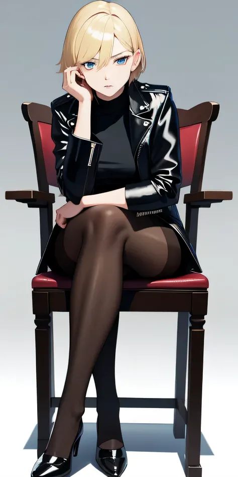 clear eyes, eyes of contempt, condescending eyes, bad woman, Japanese, beautiful, blonde, short hair, leather jacket, sit in a chair, Wearing black pantyhose, Japanese anime