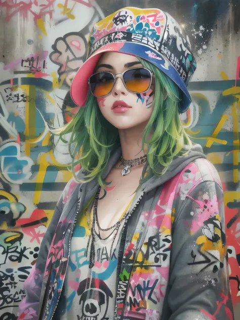 8K quality, watercolor painting, stylish design, (((The strongest beautiful girl of all time))), (((Japanese)))、gal, Stylish sunglasses, Fashionable hats, (((highest quality))), bob hair, put your hand on the wall, HDR, ((Detailed details)), skull fashion,...