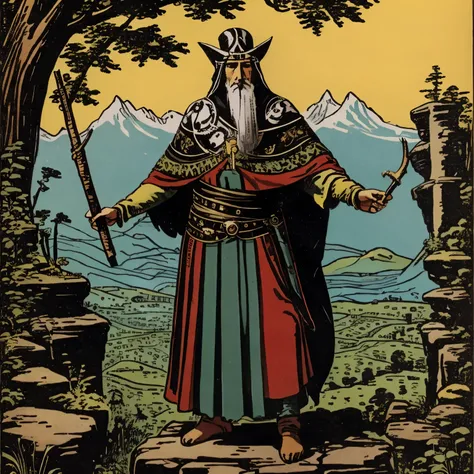 Carta de tarot, 40 year old shaman standing on a natural altar. Agile, looking at the viewer holding a staff in his hand from which hangs an animal skull. 