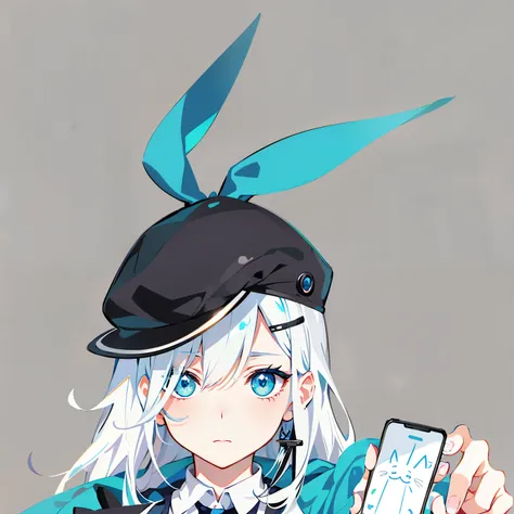 anime girl with blue eyes and a hat holding a cell phone, 2 d anime style, , pixiv style, vector shaded anime, anime character, 2 d anime, pixiv, from arknights, white cyan, from girls frontline, with big rabbit ears, top rated on pixiv, by Kamagurka, pixi...