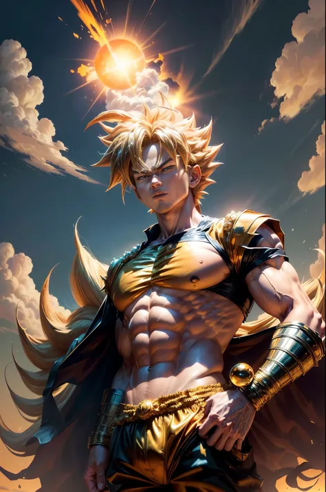 Super Saiyan Son Goku standing on the golden cloud, (best quality,Very detailed,masterpiece,high dynamic range,ultra high definition,k:1.3), professional,bright colors, Stunning black and gold background, Sky blank cloud background, (Cloud speed is super f...