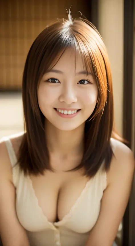 masterpiece,best quality,(Japanese ),((Beautiful girl)),cleavage,indoor,(perfect body beauty:1.2),(shy smile),beautiful teeth,