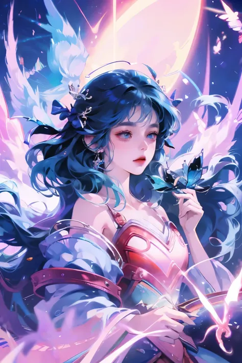 anime girl with butterfly wings and blue dress holding a butterfly, fantasy art style, beautiful character painting, by Yang J, beautiful young wind spirit, beautiful fantasy anime, 8k high quality detailed art, with beautiful wings, beautiful fantasy art,...