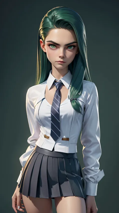 SKS woman, Cara Delevingne, 16 years, gynoid physics, (One:1.1), Cara Delevingne, perfect face, (((night skirt suit))), (((pleated school miniskirt))), (((night color jacket))), (((Silk tie))), Windsor tie, (((White shirt))), cup size E, big bust, (((Night...