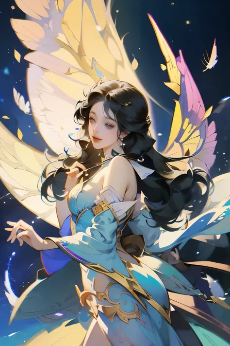 anime girl with butterfly wings and blue dress holding a butterfly, fantasy art style, beautiful character painting, by Yang J, beautiful young wind spirit, beautiful fantasy anime, 8k high quality detailed art, with beautiful wings, beautiful fantasy art,...