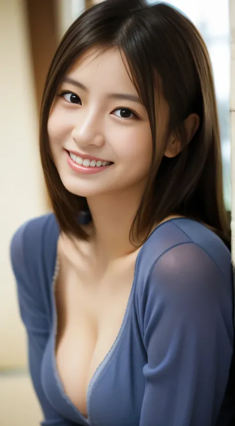 masterpiece,best quality,(Japanese ),((Beautiful girl)),cleavage,indoor,(perfect body beauty:1.2),(shy smile),beautiful teeth,