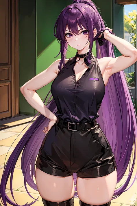 Martina,purple eyes, purple hair, very long hair, ponytail, Headband, Green collar, O-ring top, Vest, sleeveless, Waist shawl, black shorts, Greenbelt, boots,fc portrait  