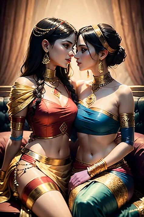 a couple of lesbians,Woman wearing red lehenga, sitting on lap of woman wearing blue harem costume, making out, aggressively,(realisticity: 1.2), best quality,