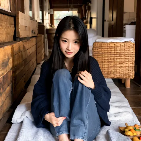 Barefoot beautiful girl with long black hair