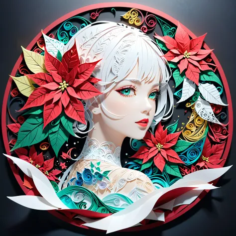 （hologram:1.5)，（The silhouette of a beautiful woman:1.3)，(Colorful Poinsettia:1.2)，in the winter，White background，paper art，（quilling paper art:1.5)，(zentangle:1.2), (geomerty:1.2)，a 3D render，extremely detaile, Cinematic lighting effects，4K，Masterpiece，