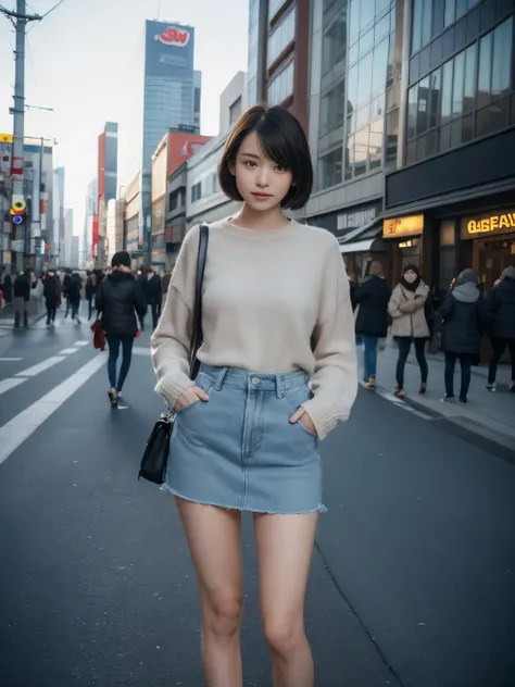 Photoreal, 8k, full body portrait, Beautiful woman, attractive look, short hair, 16 years old, Tokyo city, winter, With Shibuya in the background