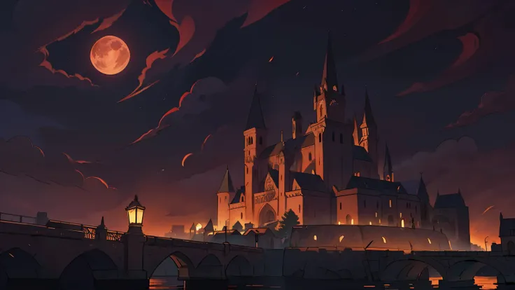 (((masterpiece))), (((best quality))), nightly mood, medieval capital at night, blood moon, medieval city ambience, medieval city background at night, dark red sky, clean sky, no clouds, horror mood, 8k, awesome quality, 16:9, landscape