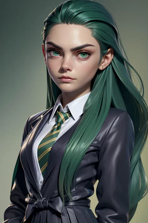SKS woman, Cara Delevingne, 16 years, gynoid physics, (One:1.1), Cara Delevingne, perfect face, (((night skirt suit))), (((pleated school miniskirt))), (((night color jacket))), (((Silk tie))), Windsor tie, (((White shirt))), cup size E, big bust, (((Night...