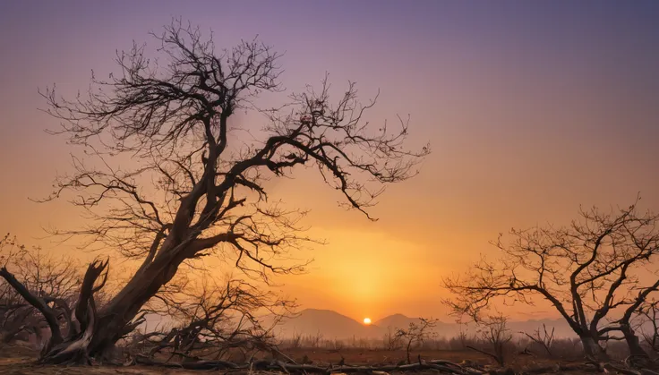 spring，dead tree under sunset，Huoshaoyun