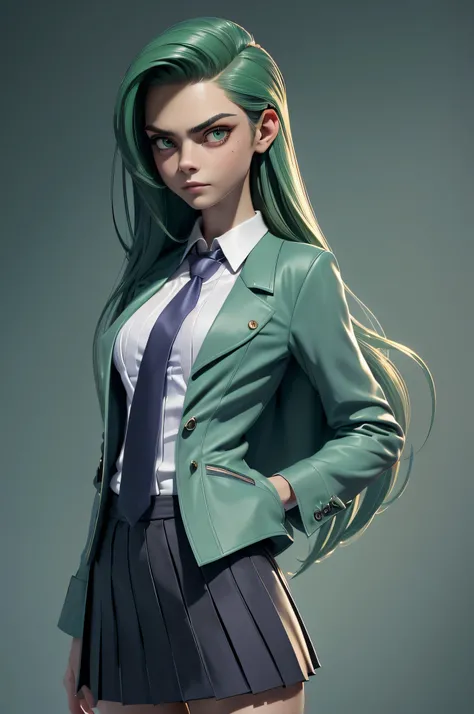 SKS woman, Cara Delevingne, 16 years, gynoid physics, (One:1.1), Cara Delevingne, perfect face, (((night skirt suit))), (((pleated school miniskirt))), (((night color jacket))), (((Silk tie))), Windsor tie, (((White shirt))), cup size E, big bust, (((Night...
