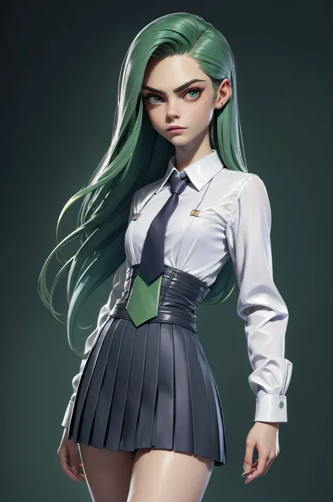 SKS woman, Cara Delevingne, 16 years, gynoid physics, (One:1.1), Cara Delevingne, perfect face, (((night skirt suit))), (((pleated school miniskirt))), (((night color jacket))), (((Silk tie))), Windsor tie, (((White shirt))), cup size E, big bust, (((Night...