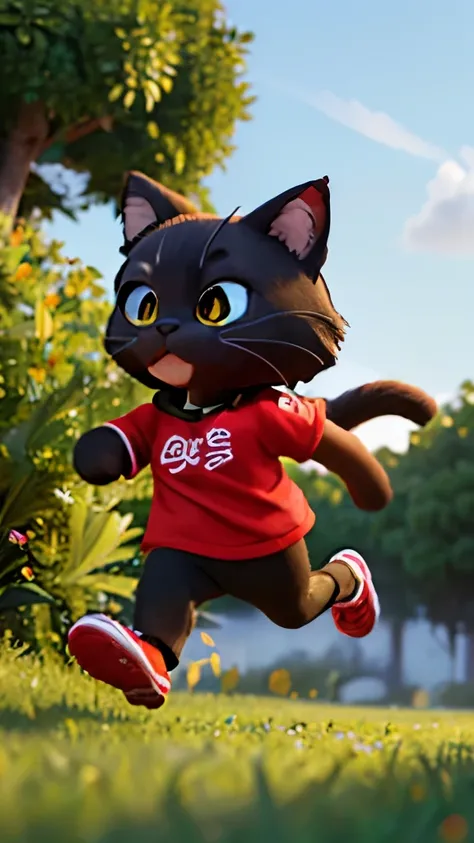 (High resolution, CG art, 8k, wallpaper, masterpiece, highest quality, art by designerarathon event, cute black cat, Black cat running on two legs, red muffler, Athletics Shirts)), grassland, Sunny, bright sunshine, lots of strawberries, chocolate,running ...