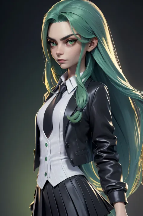 SKS woman, Cara Delevingne, 16 years, gynoid physics, (One:1.1), Cara Delevingne, perfect face, (((night skirt suit))), (((pleated school miniskirt))), (((night color jacket))), (((Silk tie))), Windsor tie, (((White shirt))), cup size E, big bust, (((Night...