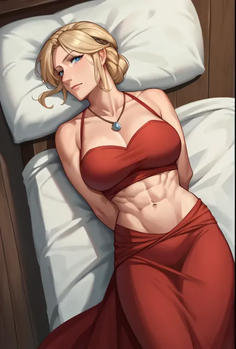 score_9, score_8_up, score_7_up, score_6_up, score_5_up, score_4_up, BREAK source_anime, a milf, mature woman, old woman, 1girl, solo, arms behind back, laying down on bed, laying back down, stomach, abs, wearing red gown, blue eyes, looking at viewer, ast...