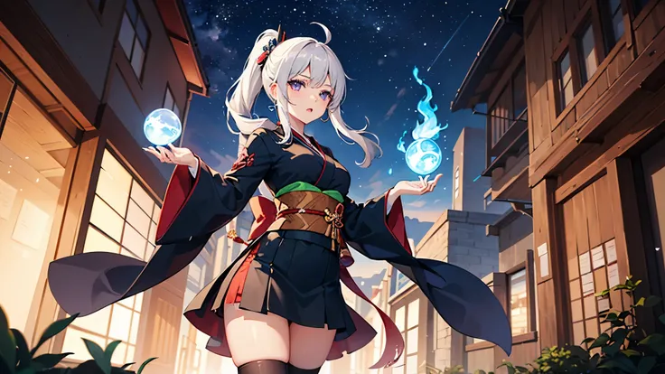 1 girl, kimono, ponytail ,gray hair, purple eyes, magic circle, blue fire, blue flame, wallpaper, landscape, Blood, Blood splatter, Depth of the bounds written, night, particles of light, light, side light, thighs, destiny (series), genshin impact, open ja...