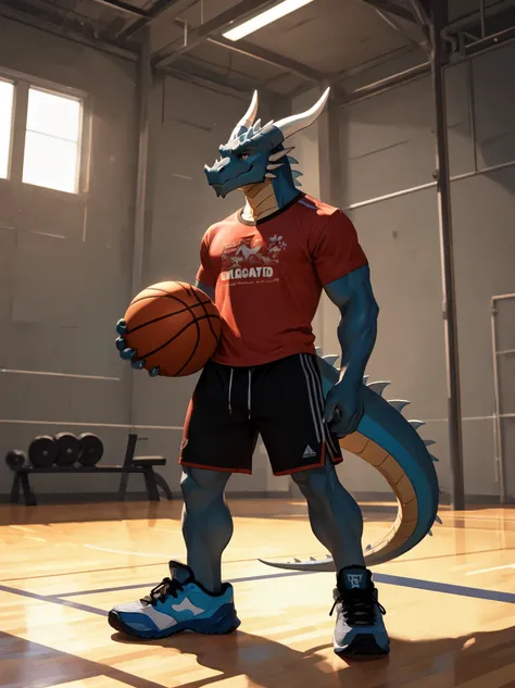 best quality, masterpiece, ultra detailed, solo, dragon, anthro, male, tail, in the gym, holding orange ball, playing basketball, red T-shirt, black shorts, blue sneakers, wooden floor, window