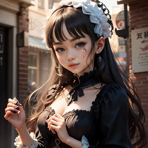 zombie,Anime girl with black hair,bloody,smile,gothic lolita clothes、hands are raised