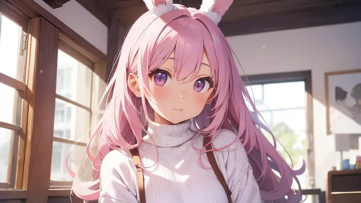 beautiful illustrations, highest quality, pretty girl, pastel colour, fluffy rabbit ears, pink long hair,white sweater,turtleneck,