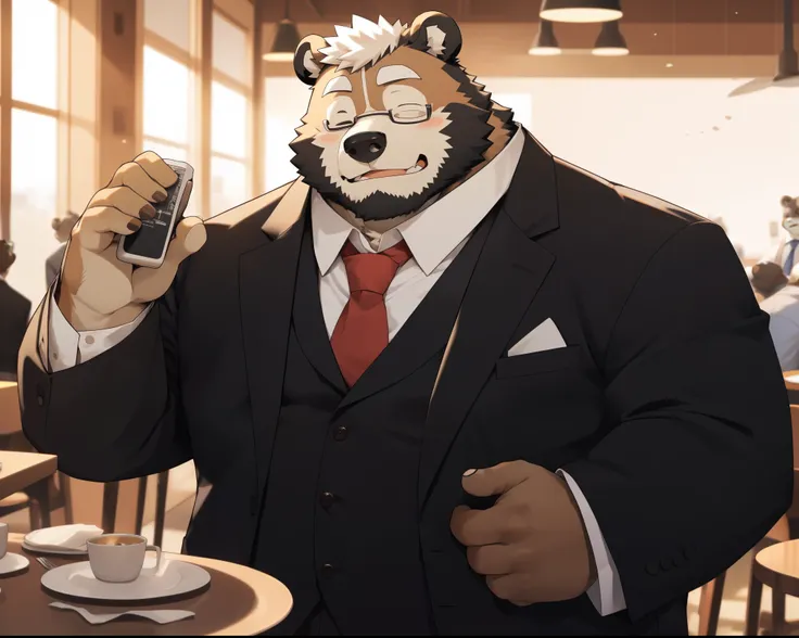 hairy，akita dog man,white fur，young，director，Suit，Bear，obvious secondary sexual characteristics,fat,cute expression，One eye is open and one eye is closed，Reaching for the chest pocket,style restaurant，Sit on a dining room chair，极其lifelike阴影，masterpiece，Ver...