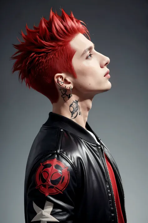 Best quality, masterpiece, 1boy, red hair, short hair, yellow eyes, spiky hair, tattoos, black pants, upper body, ear piercings, blue and white bomber jacket, profile picture