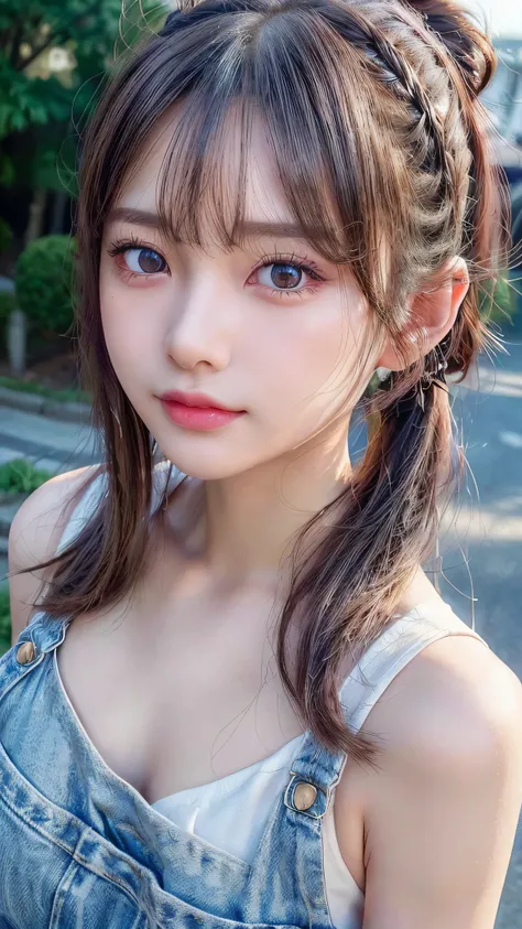 blush,14 years old,small breasts,long hair ponytail,european cityscape,denim overalls,close up of face,((8k, RAW photo, highest quality, pieces fly:1.2), (reality, realistic:1.4), (Highly detailed 8k wallpaper), written boundary depth, cinematic lighting, ...